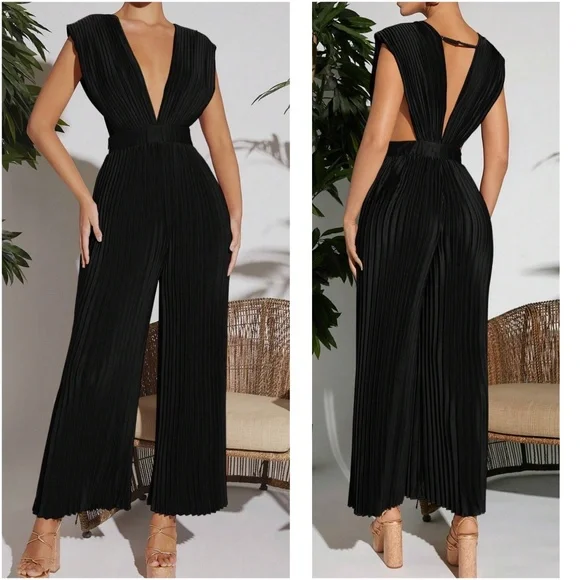 Luxe Plunging Neck Open Back Pleated Wide leg Jumpsuit - Picture 1 of 3